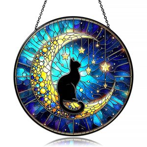 Acchiappasole in Vetro Colorato Gatto Nero di Mezzanotte sulla Luna, Decorazione Celeste da Appendere alla Finestra, Regalo Commemorativo per Proprietari di Gatti in Lutto - Product Image 1