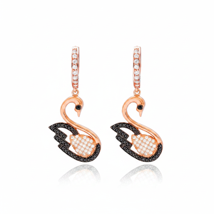 Swan Animal Design <b>Black</b> Zircon Stone <b>Dangle</b> <b>Earrings</b> Turkish Handcrafted Wholesale 925 Sterling Silver Jewelry - Product Image 2