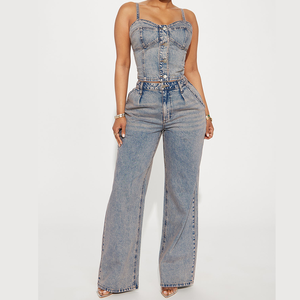 Ensemble 2 pièces en <span class=keywords><strong>jean</strong></span> sexy pour femme : bustier, top tube, <span class=keywords><strong>jean</strong></span> taille haute à jambes larges, tenue streetwear assortie en coton, débardeurs personnalisés - Product Image 1
