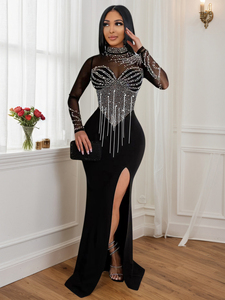 Chiffon Diamond-Encrusted Chain Evening Gown, Formal Long-Sleeve Asymmetrical <b>Split</b> <b>Dress</b> for Women - Product Image 2