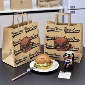 Custom Eco-Friendly Food Brown Kraft Paper Bags with Handle Custom Logo Printed for Fast Food <b>Snack</b> Takeout and Delivery Service - Product Image 1