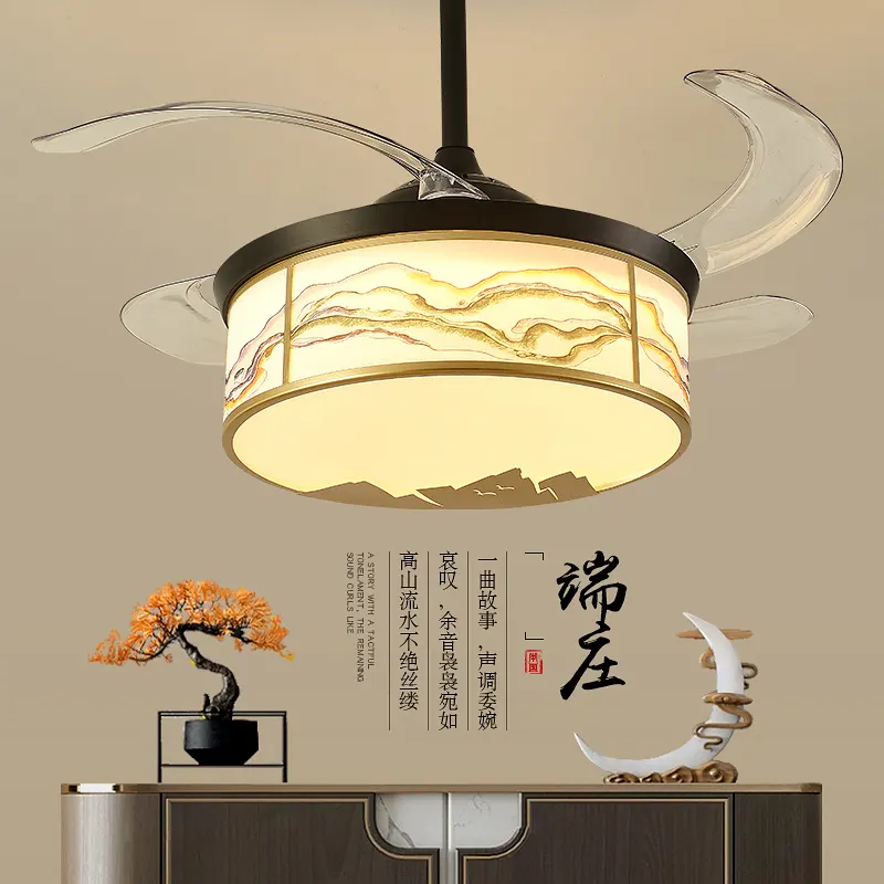חדש בסגנון הסיני מאוורר מנורת מסעדה invisible התכווצות עם מאוורר מנורת חדר שינה מחקר עתיק בית תה מועדון קלאסי מנורות
