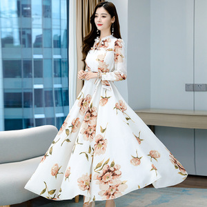 <span class=keywords><strong>Robe</strong></span> décontractée élégante pour femme en mousseline <span class=keywords><strong>de</strong></span> soie à imprimé floral, manches longues, coupe trapèze, ajustée, avec col montant et laçage, collection printemps - Product Image 6