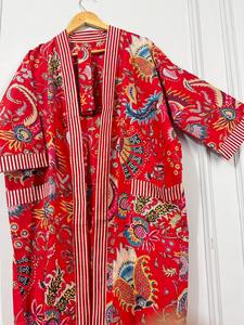 Robe longue en coton pour femmes, patchwork floral, imprimé rouge vibrant, devant ouvert, style ethnique bohème, vêtements de boutique - Product Image 4