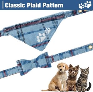 EXPAWLORER Puppy Set-Broderie Pawprints Plaid Chien Avec Noeud Papillon Bandana, Collier Mignon Laisse Pour Chiens Et Chats, Bleu XS - Product Image 4