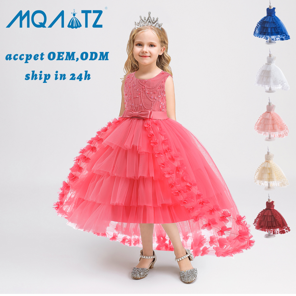 Children Wedding Princess Dress Lace Sequins European Style Kids Girl Long Tail Evening Gowns With Big Bow 006