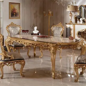 2022 High Quality Design Classic Antique Dinner Room Furniture Oak Solid Wood Hand Carved Gold Leaf finished Dining Table set