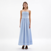 Gaun Maxi Wanita Model A-Line Lipit Mengembang dengan Tali Spaghetti Biru Muda, Korset Terstruktur, dan Pinggang Berkerut, Grosir Kustom
