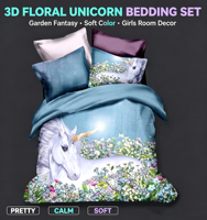 Ensemble de housse de couette et de draps en microfibre imprimée numériquement avec motif de licorne bleu galaxie personnalisé