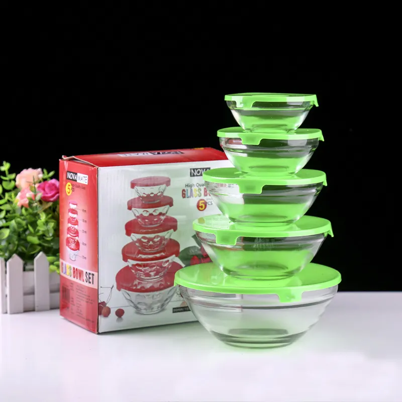 Cheap 5PCS Glass Bowl Set With Plastic Lids,Glass Salad Bowl For Wholesale