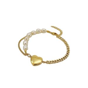 Bracelet pour femme en acier inoxydable plaqué or 18 carats avec pendentif cœur et perles, idéal pour la Saint-Valentin - Product Image 1