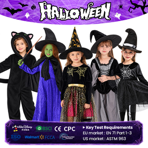 Costume de sorcière pour enfants, robe d'Halloween, ensemble sweat à capuche en peluche chat noir, 5 styles assortis, jupe toile d'araignée, tenue de fête fantaisie en polyester - Product Image 1