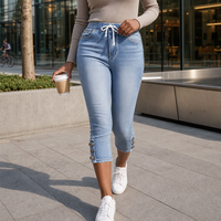 Jean slim respirant en denim délavé clair, taille haute élastique, à lacets, style décontracté pour femme européenne et américaine, collection automne