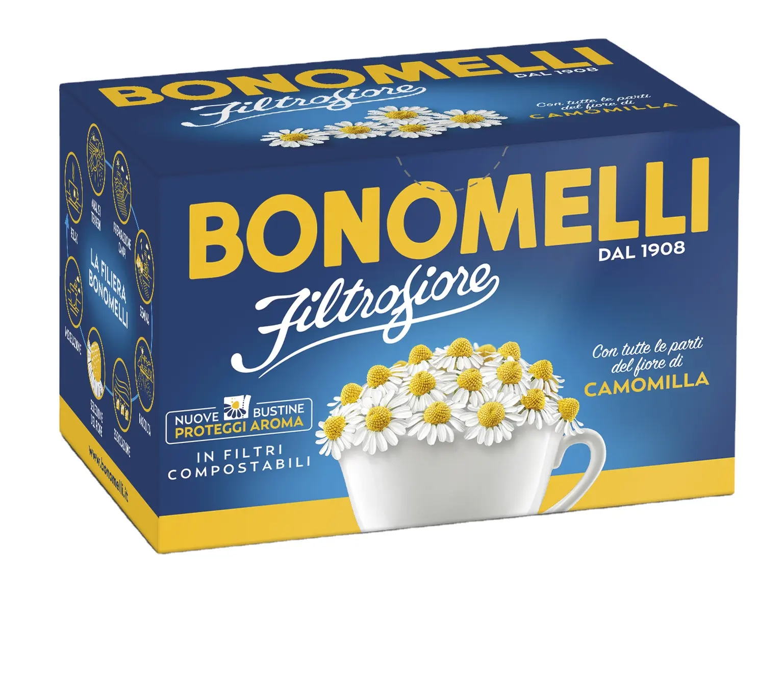 Beste Qualität Italienische Kamille Filt rofiore Kräutertee Bonomelli 14 Beutel in Tee kiste Zur Entspannung und zum Wohlbefinden des Magens