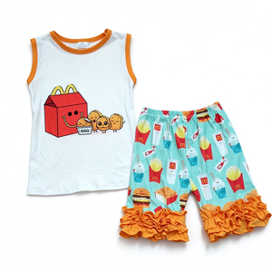 Ensemble de vêtements d'été pour enfants en soie de lait imprimée OEM ODM, 3 pièces/2 pièces, avec short à volants et motif de dessin animé pour tout-petits - Product Image 5