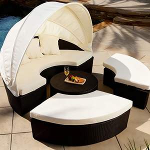 Venta al por mayor de alta calidad PE ratán impermeable <span class=keywords><strong>playa</strong></span> <span class=keywords><strong>desmontable</strong></span> redondo <span class=keywords><strong>tumbona</strong></span> con dosel jardín Patio piscina - Product Image 4