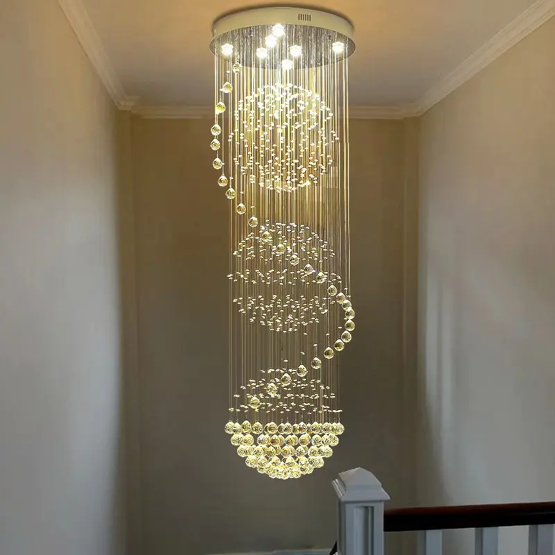 Candelabros modernos de lujo personalizados, lámparas colgantes de escaleras, luz de techo alta de cristal de 2 metros