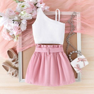 Conjunto de Verano para Niña, Bonito Traje para Niñas Pequeñas y Medianas, Top de Tirantes + Falda Corta + Cinturón de Accesorios - Product Image 4