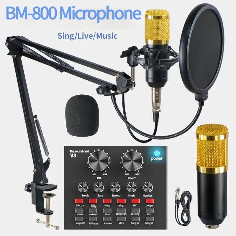 Bm 800 Studio Micrófono de condensador profesional V8 Tarjeta de sonido Karaoke Altavoz Bluetooth con soporte de micrófono Condensador USB MIC