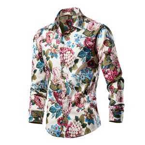 Camisas casuales de moda para <span class=keywords><strong>hombre</strong></span> de manga larga con estampado Floral aplastado botones de una sola <span class=keywords><strong>fila</strong></span> cuello de Polo transpirable 100% algodón para primavera - Product Image 5