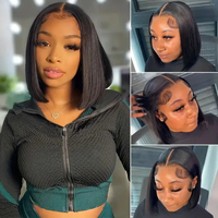 Perruques Courtes Bob Droites Sans Colle en Cheveux Humains Naturels Vierges Indiens Non Traités, Densité 250%, Lace Front HD 13x4 13x6 pour Femmes