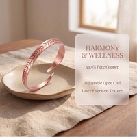 Bracelet manchette en cuivre pur à 99,9 % pour femme, motif feuille, ajustable, vente en gros de bijoux
