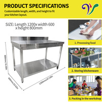 Table de Préparation Alimentaire à Double Étage en Acier Inoxydable 201/304, avec Pieds et Panneau Arrière, pour Cuisine Commerciale