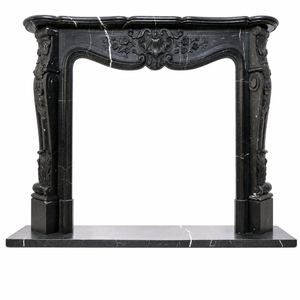 Chimenea tradicional de mármol con tallado ornamentado, de mármol negro Marquina, para interiores, con estufa de leña para comedor. - Product Image 2
