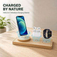 Station de charge sans fil magnétique 3-en-1 15W PD en bois de bambou écologique, charge rapide Type-C 5V/3A pour téléphone portable intelligent