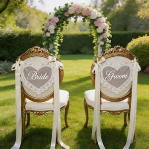 Bannière de chaise de mariage personnalisée en ruban de satin avec dentelle tendance pour la mariée et le marié, idéale pour la douche nuptiale et les réceptions en extérieur - Product Image 1