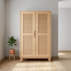Modern Wooden <b>Wardrobe</b> With Shutter Doors Hinged Freestanding Scandinavian Design Bedroom Storage Cabinet - Product Image 3
