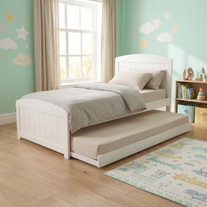 White Twin Size Platform <b>Bed</b> With Pull-Out Trundle Storage for Kids Room <b>Space</b> <b>Saving</b> Design European Style - Product Image 1