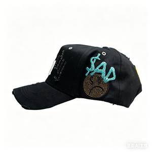 Cappello a 5 Pannelli G5 S4D per Ragazzi, Nero su Nero, Edizione Limitata, Visiera Urbana per Giornate Nuvolose, Logo Sad Smile Face - Product Image 4