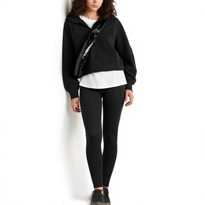 Women's Black Hooded Crop <b>Top</b> Fleece Sweatshirt With <b>Zipper</b> Front Casual Style Short Length Full Sleeve Solid Color Autumn Wear - Product Image 3