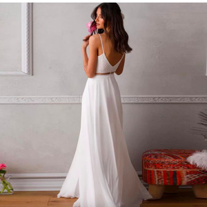 White Spaghetti Strap Lace Wedding Dress A-Line Chiffon Sweetheart Neckline Backless Long Sleeveless Ivory White Pure White - Product Image 2