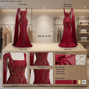 Robe longue élégante de soirée en satin bordeaux à col carré avec cape d'épaule intégrée, respirante et brodée à la main - Product Image 2