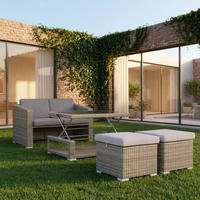 Table basse moderne OSMEN Laval à plateau relevable, plateau en verre, structure en aluminium, rotin, réglable en hauteur, mobilier d'extérieur