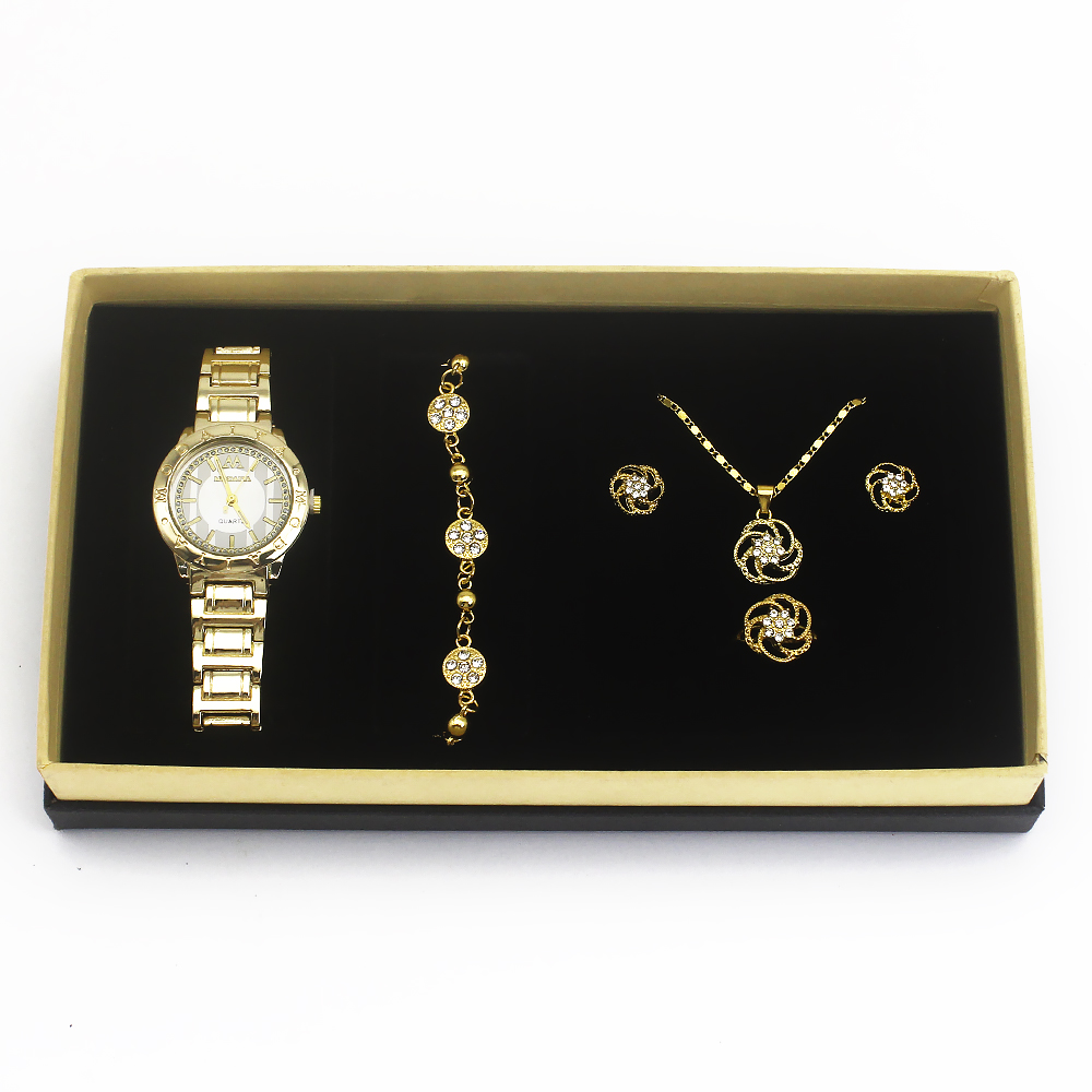 Gold Watch+bracelet+necklace+ring+earrings+box