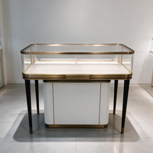 Vitrine de Luxe pour Bijoux avec Plateau en Verre, Base en Bois Foncé et Cadre Métallique, Éclairage LED Flottant, Tiroirs Verrouillables, pour Comptoir de Boutique de Détail - Product Image 2