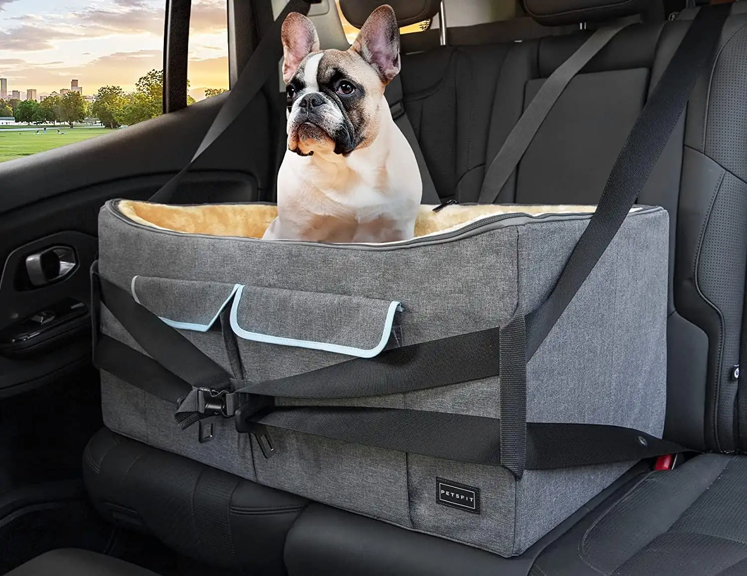 Dog Car Seat  Pet Travel Car Booster Seat with Safety Belt  Washable Double-Sided Cushion and Storage Pocket for Dogs