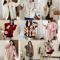 Femmes brodé Floral tricot Cardigan pull tissé à la main épais laine col en v à manches longues bouffantes en gros hiver Cardigan pull