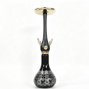 Black Glass <b>Hookah</b> with Gold Tone Metal Finish Double Hose Water <b>Pipe</b> for Lounge Bar Display - Product Image 1
