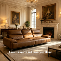 Sofa-Set aus Vollnarbenleder Dreisitzer mit Breiter Chaiselongue Übergroße Kissen Armlehne Neuer Chinesischer Stil Wohnzimmer