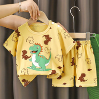 Setelan Baju Katun Lengan Pendek Motif Kartun untuk Anak Perempuan dan Laki-laki, Pakaian Olahraga Gaya Korea untuk Musim Panas