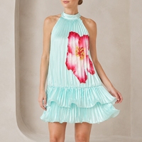 Robe d'été décontractée personnalisée pour femme, mini, col licou, sans manches, imprimé floral, superposée, plissée, coupe trapèze fluide, pour les vacances à la plage