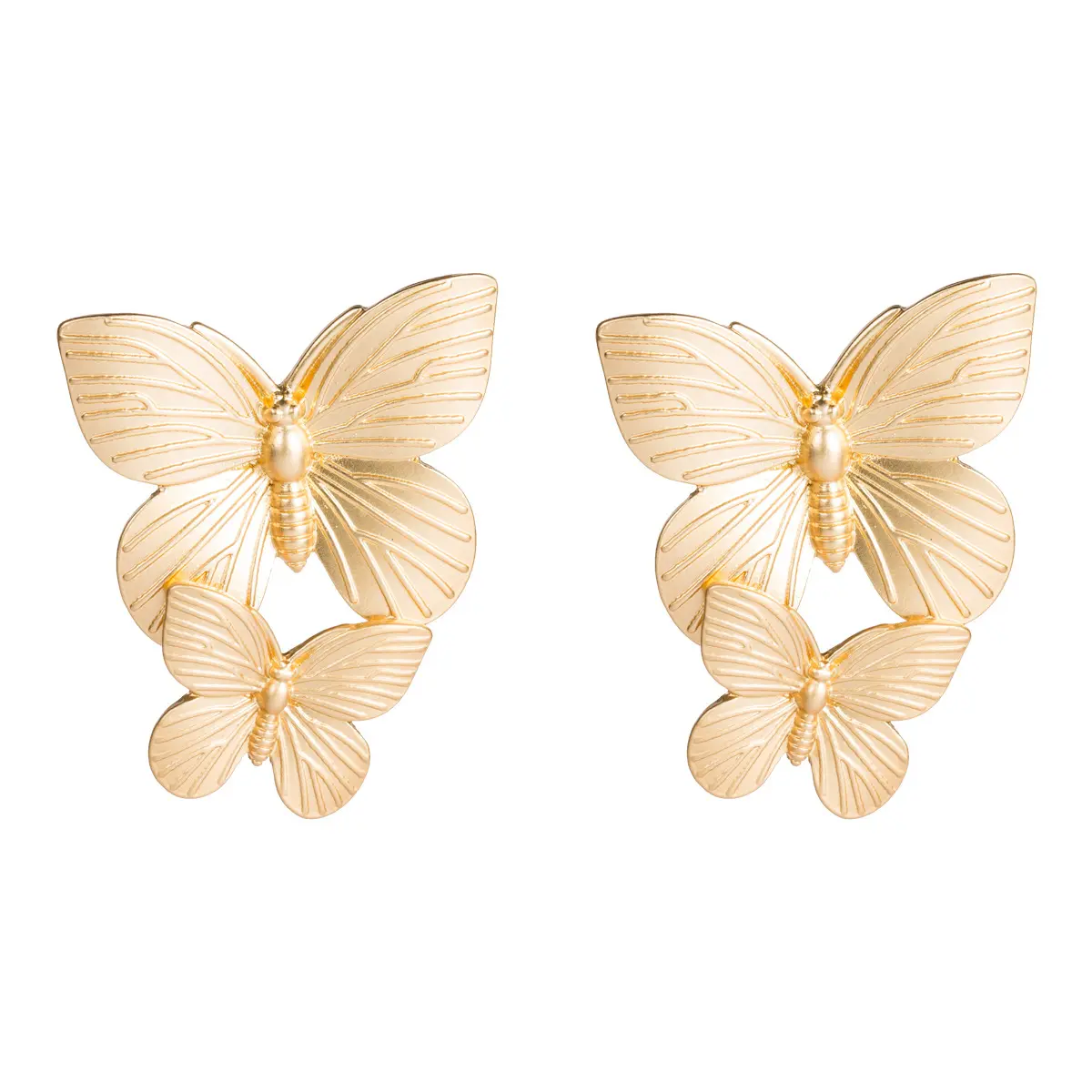 Cross border new metal texture two butterfly earrings for women with European and American trendy temperament and cold style ear