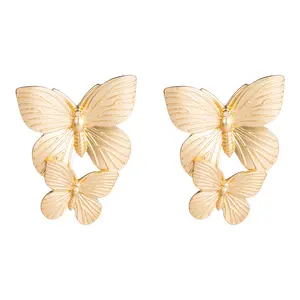 Cross Border New Metal Texture 2 Butterfly Earrings For Women With European And American Trendy Temperament And Cold Style Ear