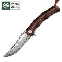 Couteau pliant tactique en acier Damas VG10, design bambou, manche en bois de rose, pour survie, camping, chasse, pêche