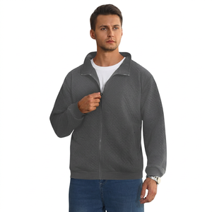 Veste en polaire grise pour homme, col montant, fermeture éclair, style décontracté, coupe classique, en polyester tricoté, couleur unie, pour l'automne - Product Image 1