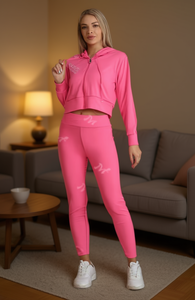 Tuta da donna rosa con cappuccio, set completo con cerniera, casual, traspirante, in spandex e poliestere, vestibilità aderente, tinta unita, per la primavera - Product Image 2